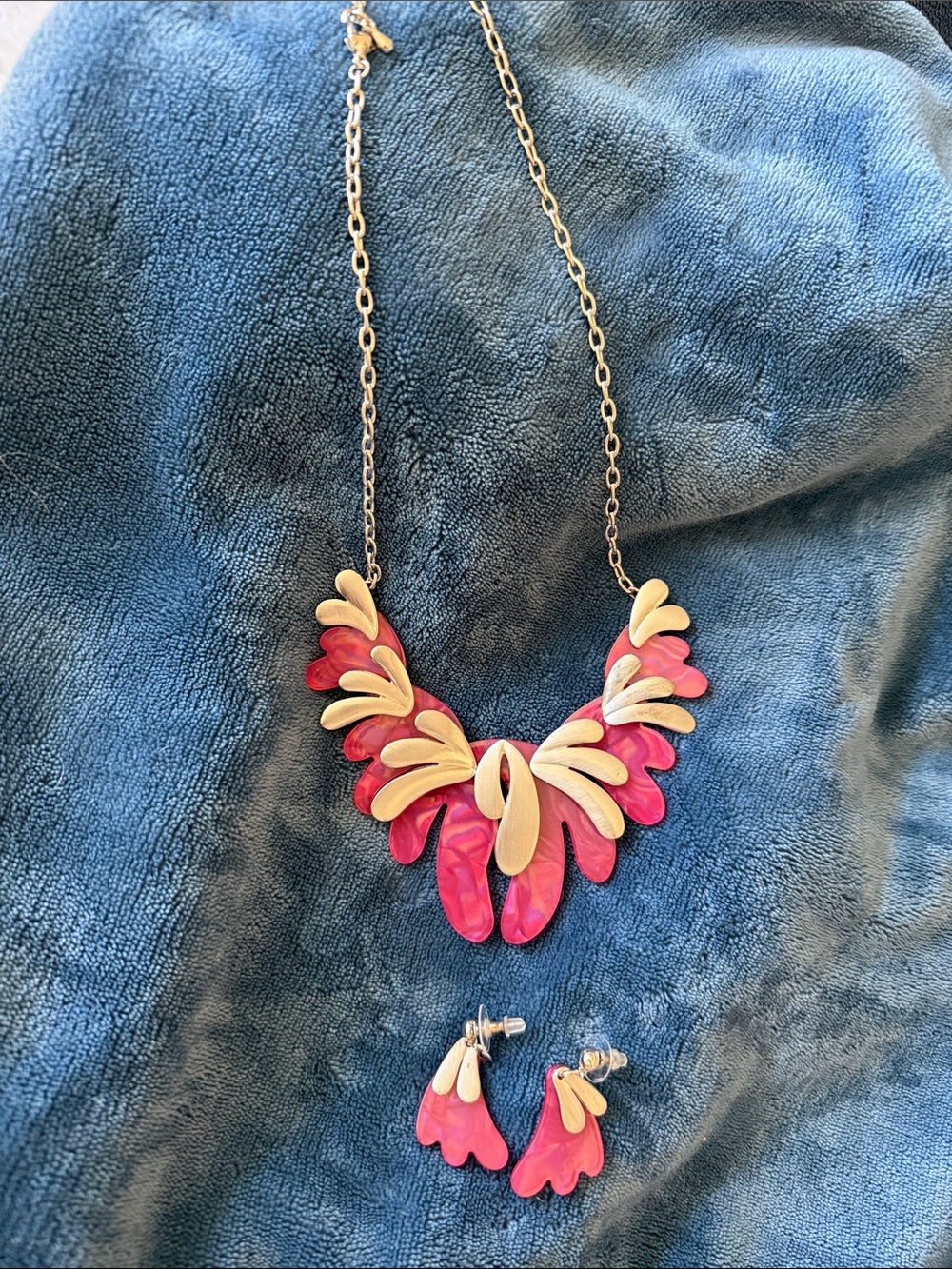 Pink Floral Silver and Dark Pink Necklace and Post Earrings Set